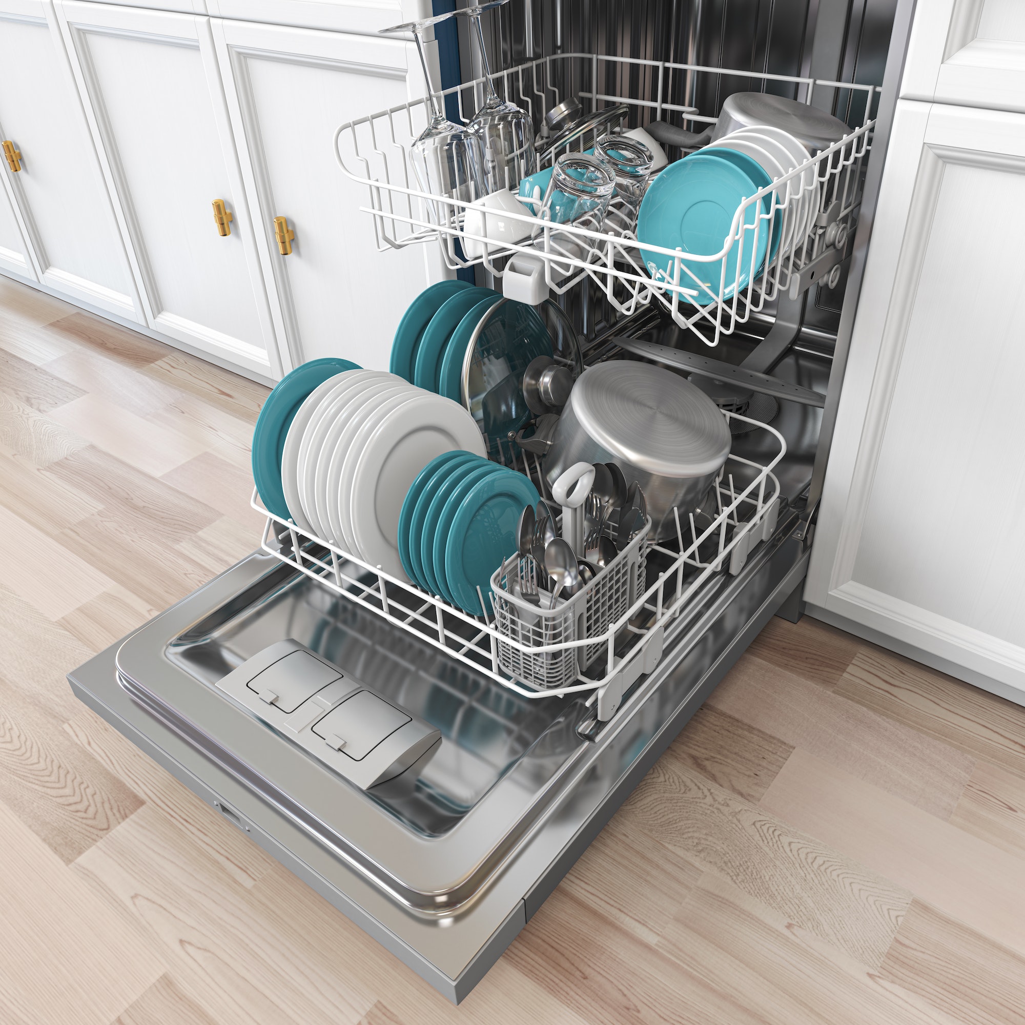 Open dishwasher with clean dishes inside in kitchen.